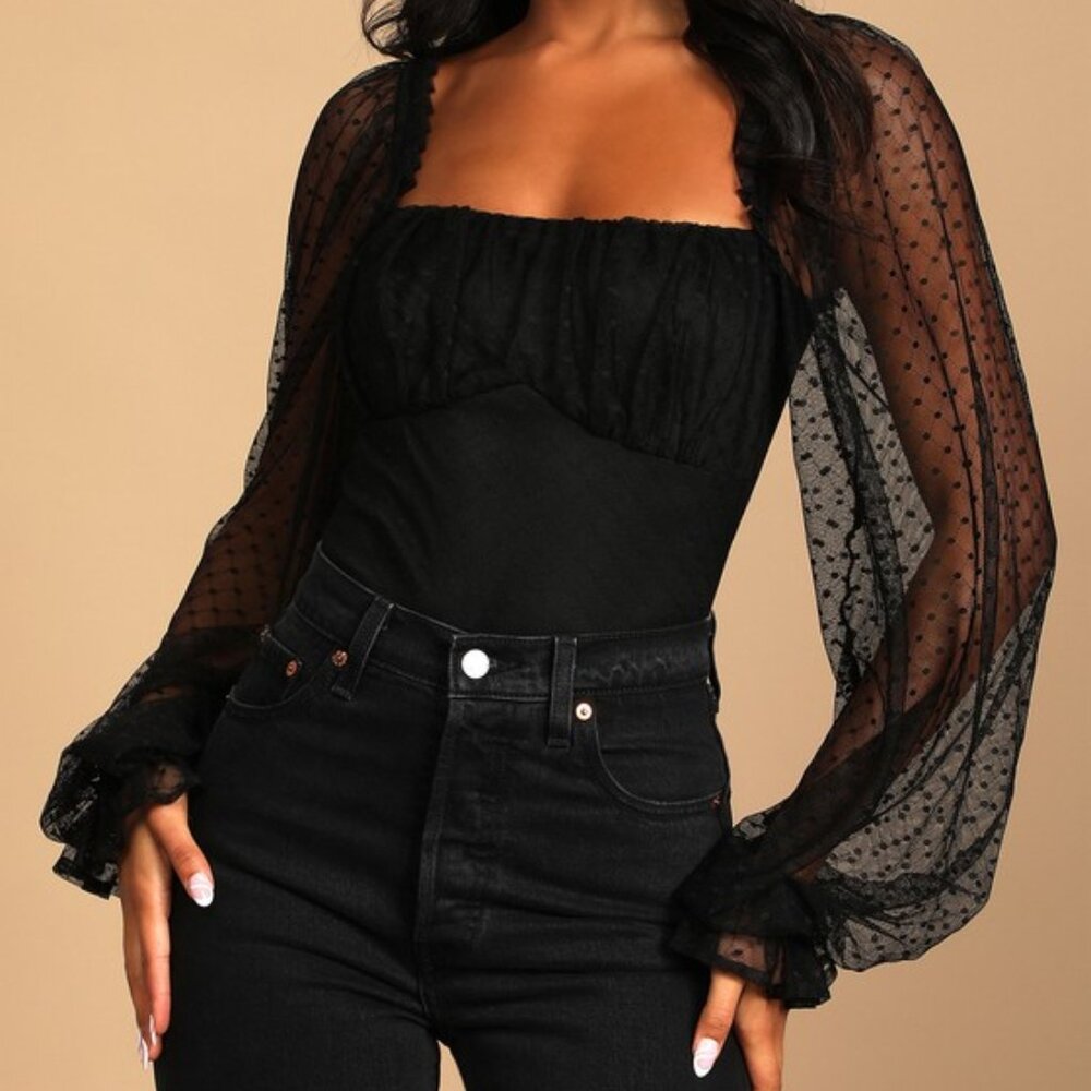 NWT Lulus Call The Dots Black Dotted Mesh Long Sleeve Bodysuit - Size M